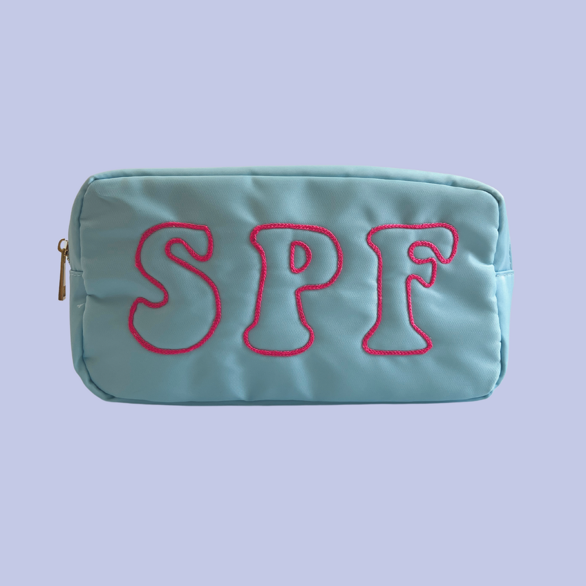 &quot;SPF&quot; Embroidered Medium Pouch - Light Blue